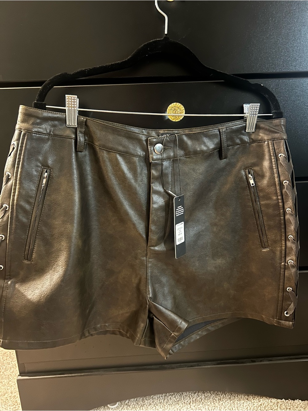 Faux Leather Brown Women’s Shorts with Side Lace-Up Detail